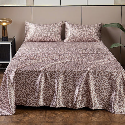 Juego de Sábanas Satinadas de Seda Artificial con Estampado Leopardo Plateado - 4 Piezas - Image 4