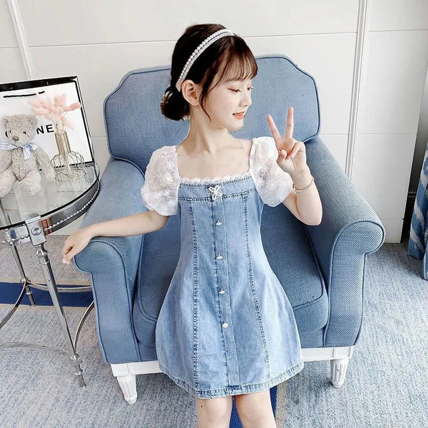 Vestido Denim Niña con Encaje y Mangas Abullonadas - Estilo A-Line Patchwork Verano
