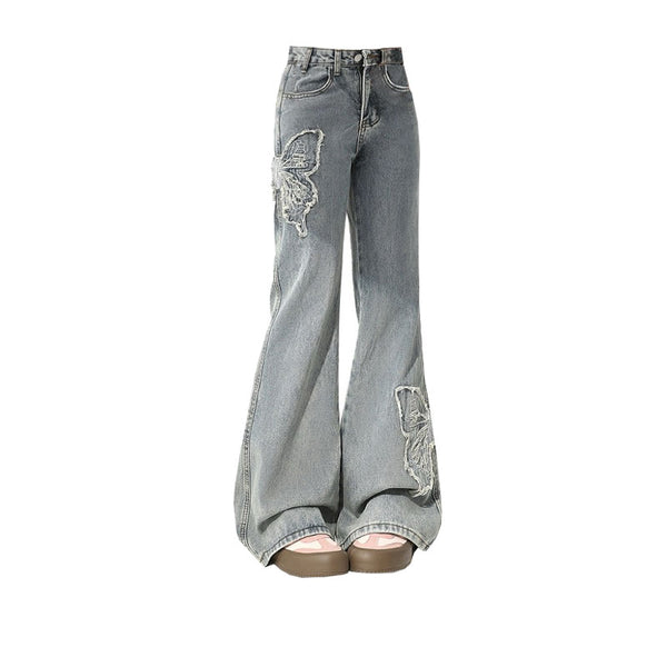 Pantalones Vaqueros Vintage con Bordado de Mariposas en Tela Pasta