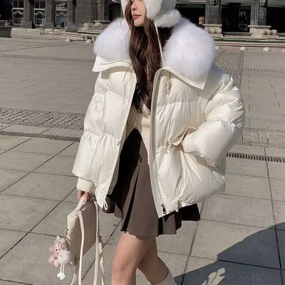 Abrigo Acolchado de Plumón con Cuello de Piel para Mujer - Chaqueta Corta Térmica Invierno - Image 14