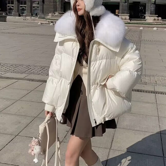 Abrigo Acolchado de Plumón con Cuello de Piel para Mujer - Chaqueta Corta Térmica Invierno - Image 14