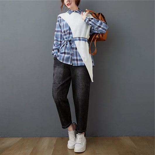 Conjunto de Dos Piezas: Camisa a Cuadros con Suéter Irregular - Image 10
