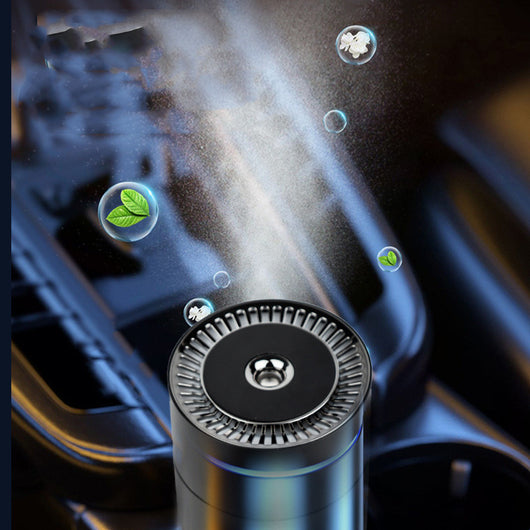 Black cylindrical vehicular humidifier with a silver trim and a vertical indicator light on a white background. - Image 8