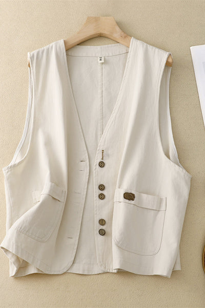 Chaleco Retro Coreano Mujer en Algodón y Lino - Image 8