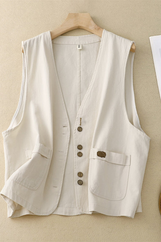 Chaleco Retro Coreano Mujer en Algodón y Lino - Image 8