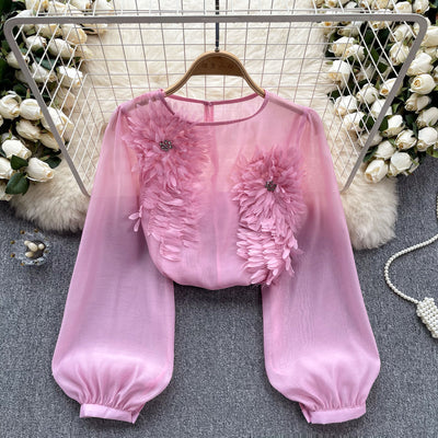 Blusa Slim Fit con Flores 3D y Mangas Abullonadas para Mujer - Image 8