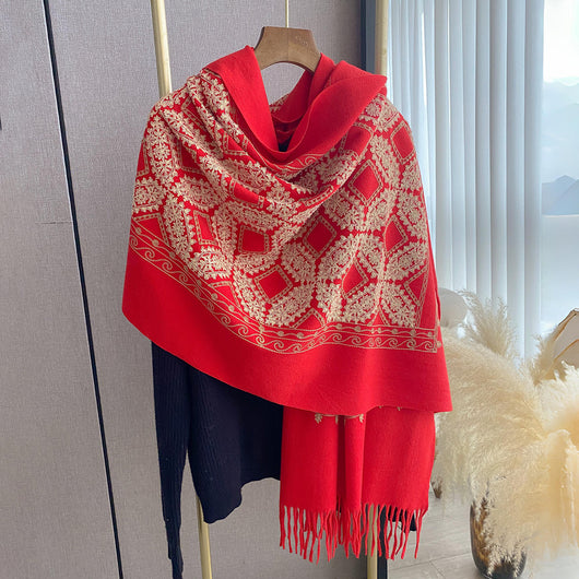 Chal Bordado con Flecos y Patrón Jacquard Geométrico para Mujer - Image 21