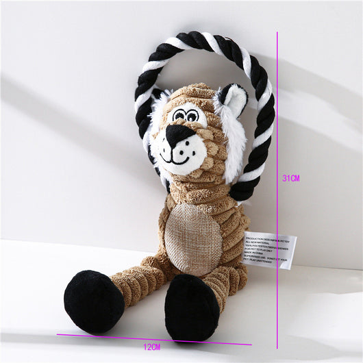 Gray plush elephant pet toy with ribbed texture and embroidered eyes, attached to a brown and blue braided rope ring. - Image 12