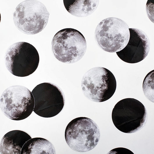 Circular black and white stickers depicting various moon phases, with a small black sticker box on a white background. - Image 10