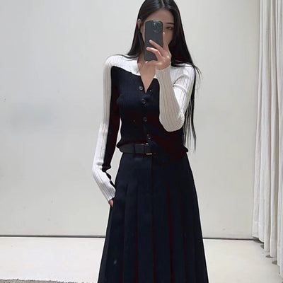 Cardigan Tejido Bicolor Irregular Ajustado de Manga Larga para Otoño e Invierno - Image 23