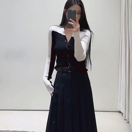 Cardigan Tejido Bicolor Irregular Ajustado de Manga Larga para Otoño e Invierno - Image 23
