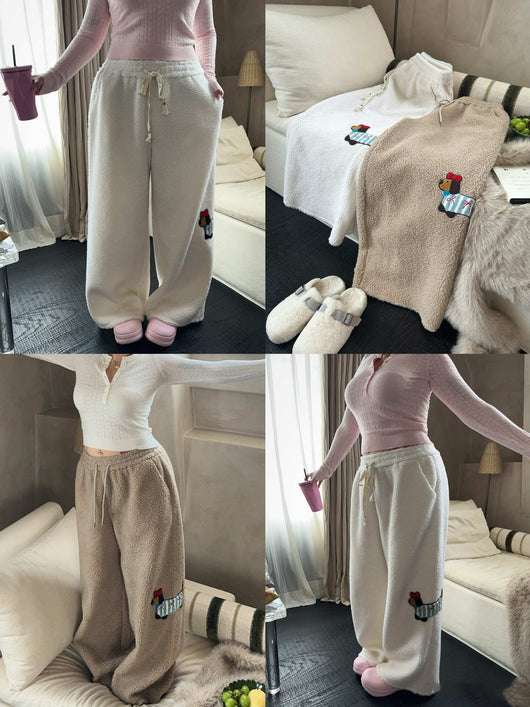 Pantalones Anchos de Lana Cordero con Bordado de Cachorro - Casual y Cómodo - Image 19