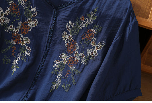 Blusa Suelta de Algodón y Lino con Escote V y Manga Corta para Mujer - Image 7