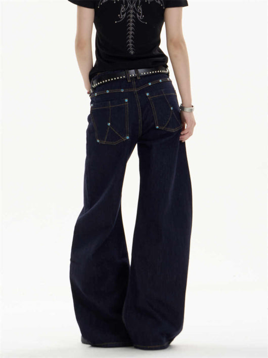 Pantalones Jeans Azul Oscuro Retro Corte Recto Ancho Casual - Image 5