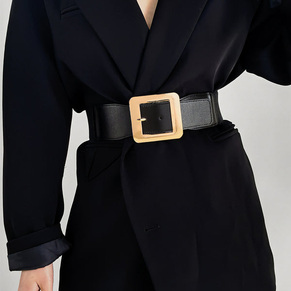 Cinturón Elástico Retro para Mujer con Hebilla Cuadrada Metálica Negro