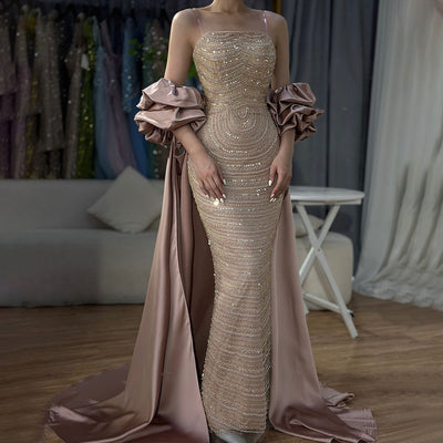 Vestido de Fiesta Elegante con Cuentas y Cola de Sirena en Rosa Seco - Image 2