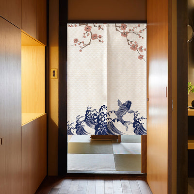 Red fabric door curtain with white polka dots and a repeating pattern of a lucky cat holding a gold coin, surrounded by flowers. - Image 27