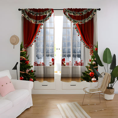 Christmas curtain with a snowy village scene, Santa Claus, flying reindeer, and piles of wrapped gifts. - Image 30
