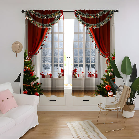 Christmas curtain with a snowy village scene, Santa Claus, flying reindeer, and piles of wrapped gifts. - Image 30