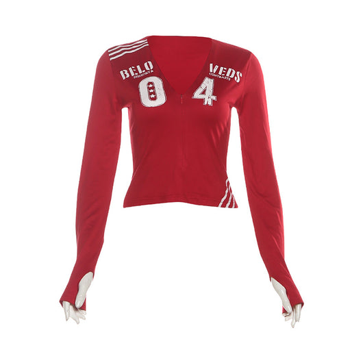 Playera Deportiva Retro para Mujer con Cuello V y Estampado de Letras y Números - Image 6