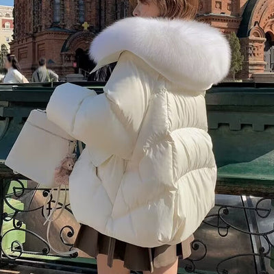 Abrigo Acolchado de Plumón con Cuello de Piel para Mujer - Chaqueta Corta Térmica Invierno - Image 15