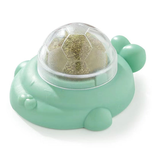 Light green turtle-shaped catnip toy with a clear, football-patterned dome filled with catnip. - Image 7