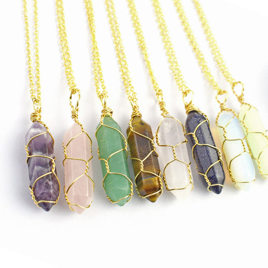 Collar Colgante de Cristal Hexagonal Envuelto a Mano con Piedra Natural - Image 74
