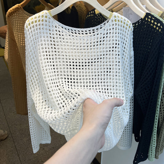 Blusa de Malla Calada Cuello Redondo Manga Larga