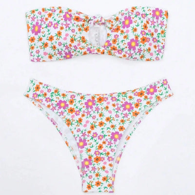 White floral print bandeau bikini with pink and blue flowers, featuring a front knot top and high-cut bottom. - Image 4