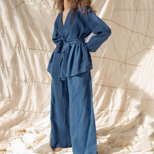 Bata Pijama de Algodón y Lino para Mujer con Encaje y Cordones - Image 9