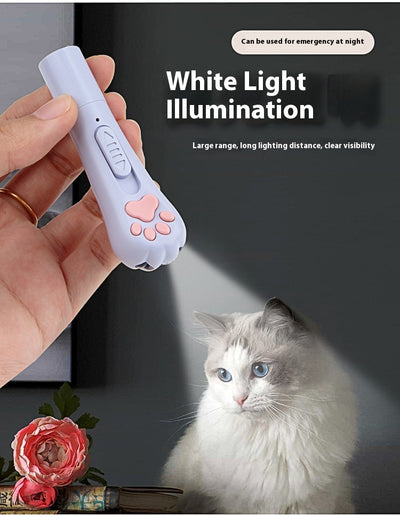 Light purple paw-shaped cat laser pointer toy with USB charging, featuring multiple red laser patterns, soft white light, and UV light. - Image 31