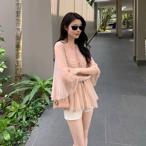 Blusa Chiffon Elegante con Mangas Volantes Mesh de Alta Calidad