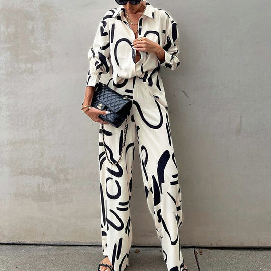 Conjunto Elegante de Blusa Estampada y Pantalón Palazzo de Cintura Alta - Image 2