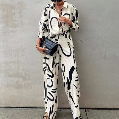 Conjunto Elegante de Blusa Estampada y Pantalón Palazzo de Cintura Alta - Image 2