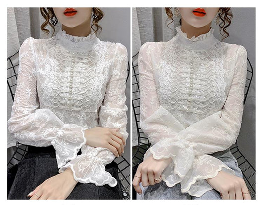 Blusa de Encaje con Cuello Semialto y Mangas Farol - Image 9