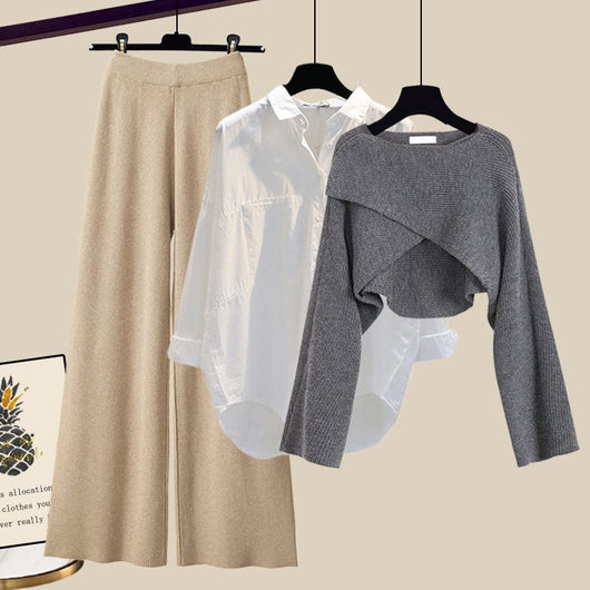 Conjunto de 3 Piezas: Suéter Tejido, Camisa y Pantalón Ancho - Image 7