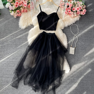 Conjunto de Dos Piezas: Top Tubo con Strass y Falda Midi con Malla Irregular - Image 7