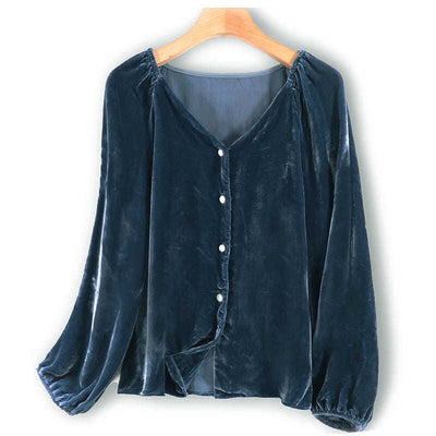 Blusa Elegante de Terciopelo Dorado con Cuello en V y Mangas Largas - Image 4