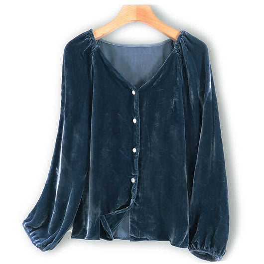 Blusa Elegante de Terciopelo Dorado con Cuello en V y Mangas Largas - Image 4
