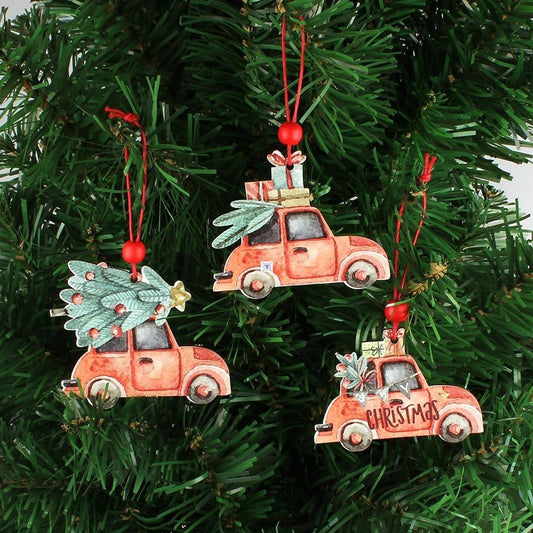 Set de 3 Adornos Navideños Vintage con Camión y Árbol en Madera