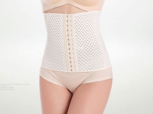 Beige steel-boned waist trainer corset with a hook-and-eye front closure and perforated, breathable fabric. - Image 6