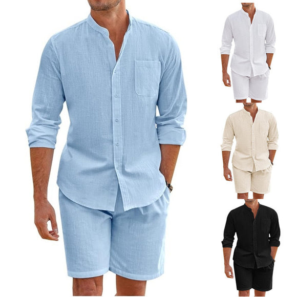 Conjunto de Camisa y Shorts en Algodón Lino para Hombre