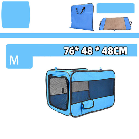 Blue soft-sided pet travel carrier bag with mesh windows, shown assembled and folded flat for storage. - Image 18