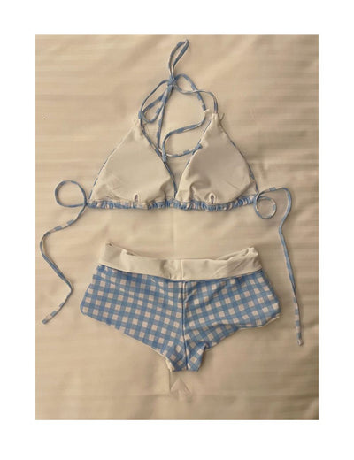 Light blue and white gingham bikini set with a triangle halter top and low-rise boy short bottoms with a small bow. - Image 15