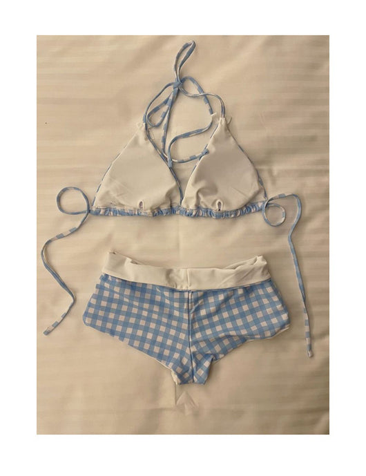 Light blue and white gingham bikini set with a triangle halter top and low-rise boy short bottoms with a small bow. - Image 15