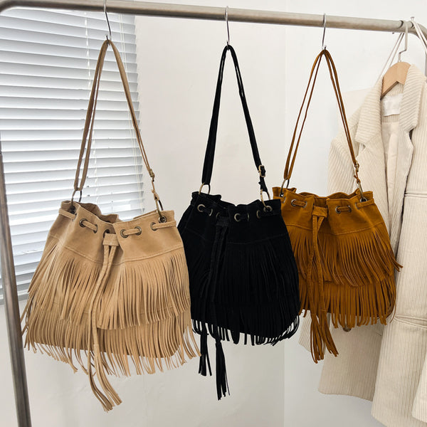 Bolso Bucket Retro con Cordón y Borlas - Estilo Europeo Minimalista