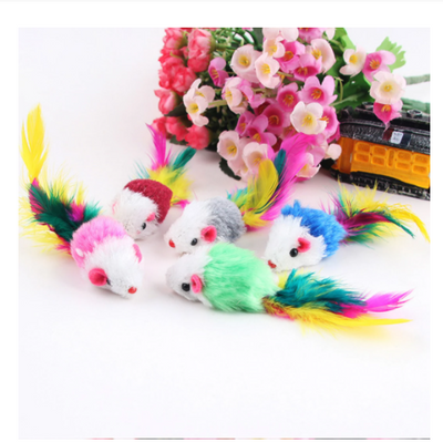 Plush mouse cat toy with a grey and white body, pink ears, and a vibrant feather tail in pink, yellow, and blue. - Image 8