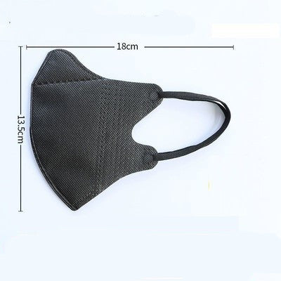 Black 3D three-dimensional disposable protective mask with ear loops, shown flat with dimensions 18cm x 13.5cm. - Image 9