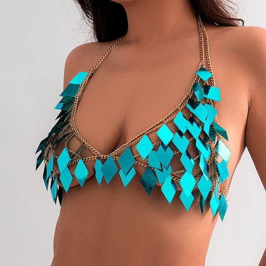 Woman wearing a gold-tone body chain top with iridescent pink and orange diamond-shaped sequins, perfect for beach or festival. - Image 58