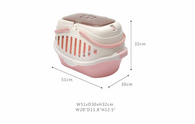 White and pink portable pet carrier with a transparent brown top, ventilation slots, and a sturdy handle. - Image 6